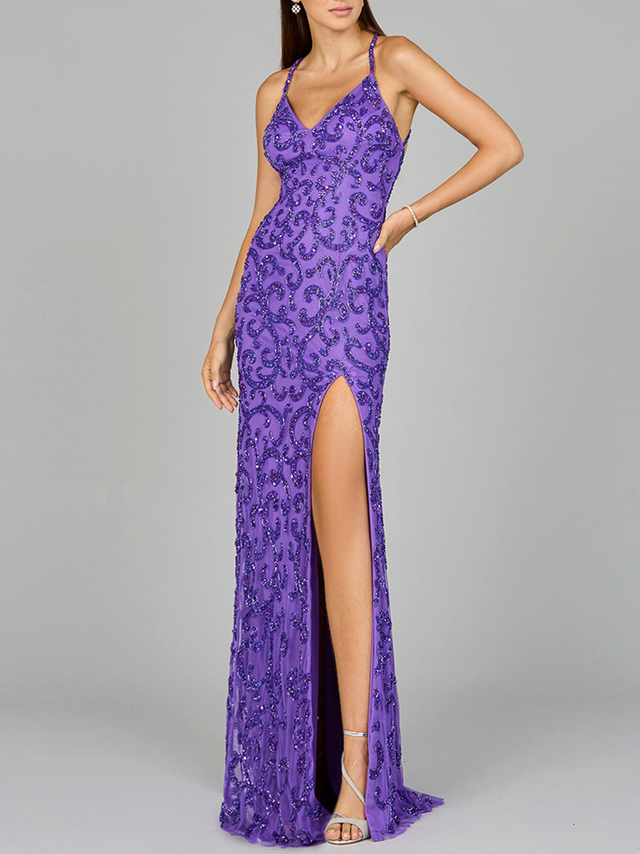 Sultry Beaded Gown with Slit by Lara New York