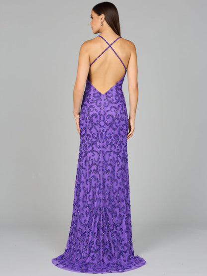 Sultry Beaded Gown with Slit by Lara New York