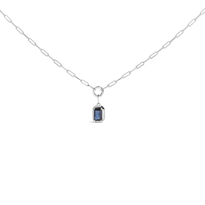 10K White Gold Emerald Cut 6x4 MM Blue Sapphire Solitaire Pendant Necklace - 18 inch by Bids.com
