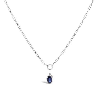 10K White Gold 6x4 mm Oval Blue Sapphire Solitaire Paperclip Pendant Necklace - 18" Inches by Bids.com