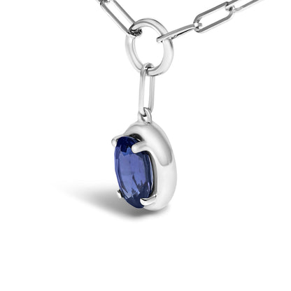 10K White Gold 6x4 mm Oval Blue Sapphire Solitaire Paperclip Pendant Necklace - 18" Inches by Bids.com