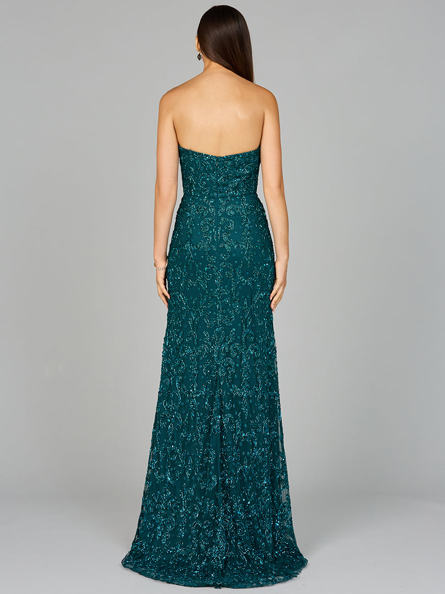 Beaded Strapless Dress with Slit by Lara New York