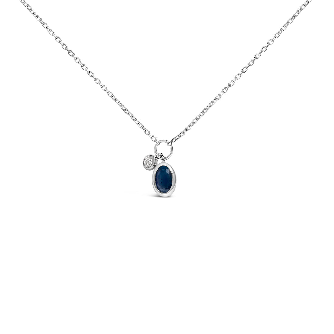 10K White Gold Oval Blue Sapphire and Diamond Double Charm Pendant Necklace - 18" Inches  DestGlow