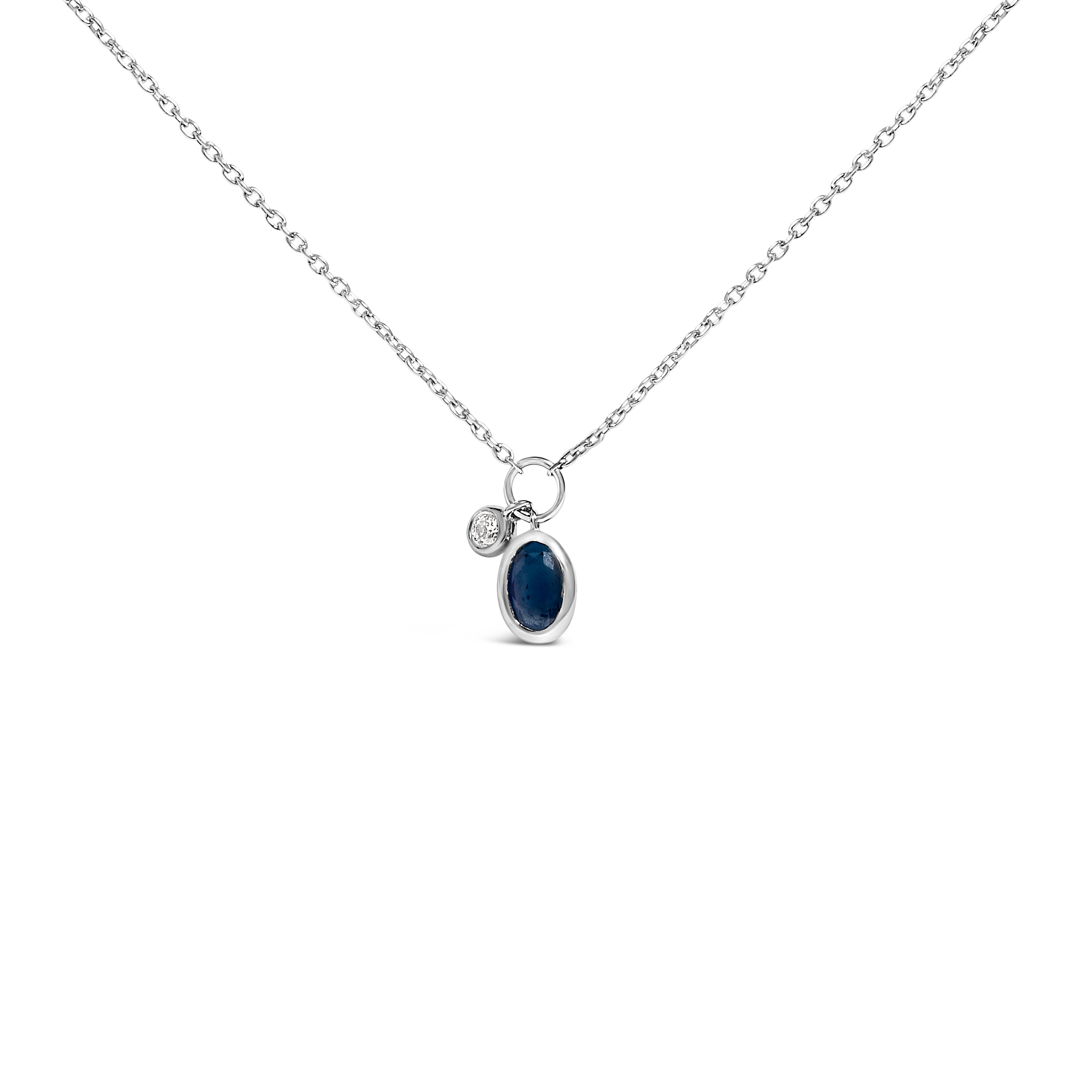 10K White Gold Oval Blue Sapphire and Diamond Double Charm Pendant Necklace - 18" Inches  DestGlow