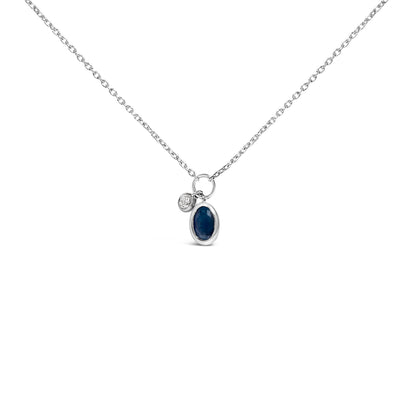 10K White Gold Oval Blue Sapphire and Diamond Double Charm Pendant Necklace - 18" Inches  DestGlow