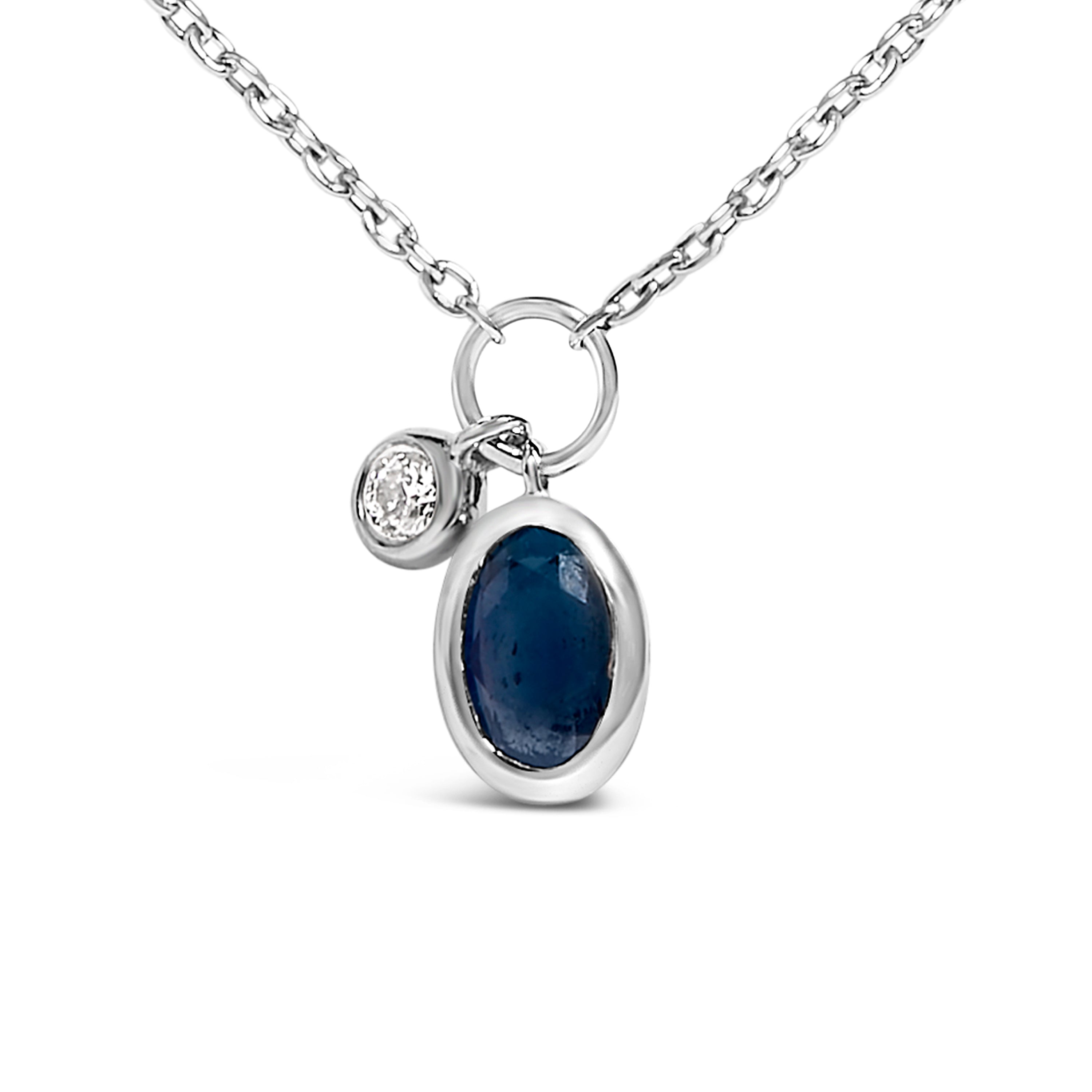 10K White Gold Oval Blue Sapphire and Diamond Double Charm Pendant Necklace - 18" Inches  DestGlow