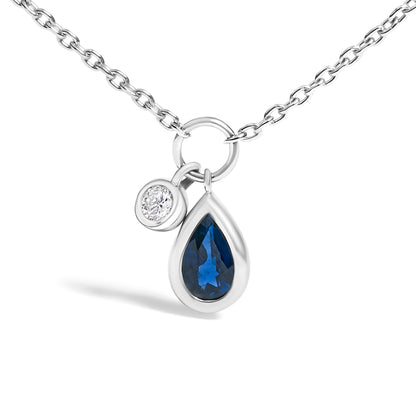 10K White Gold 6x4 mm Pear Blue Sapphire and Diamond Accent Charm Pendant Necklace - 18" Inches by Bids.com