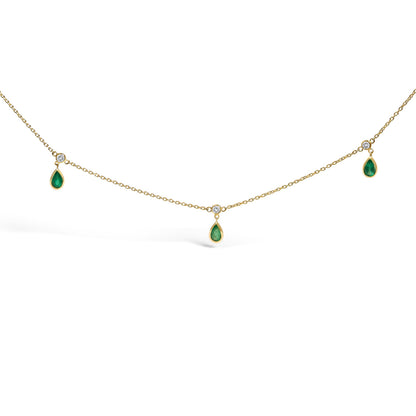 10K Yellow Gold Dangling 5x3 mm Green Emerald and Diamond Station Necklace - 18" Inches by Bids.com