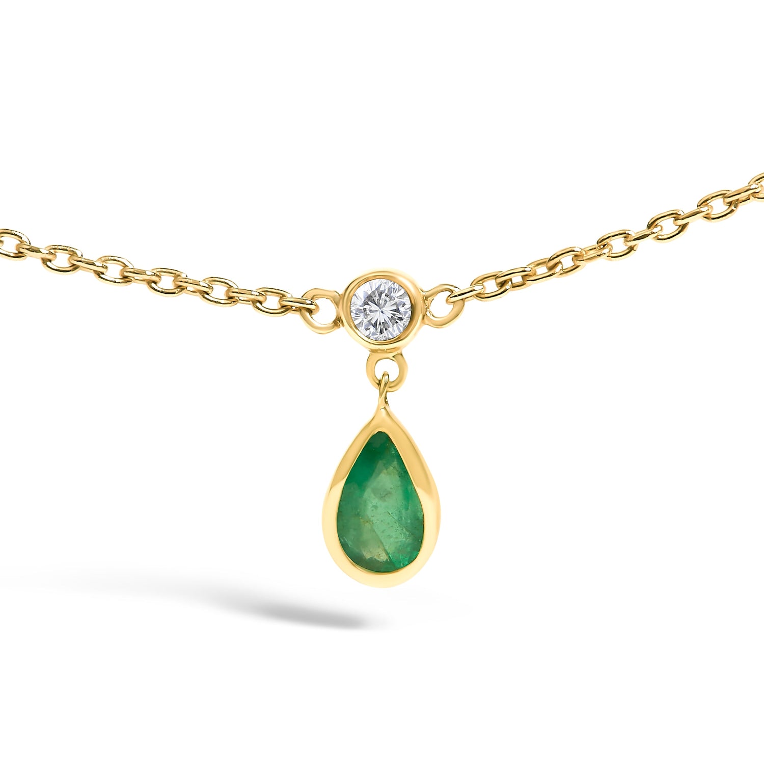 10K Yellow Gold Dangling 5x3 mm Green Emerald and Diamond Station Necklace - 18" Inches by Bids.com