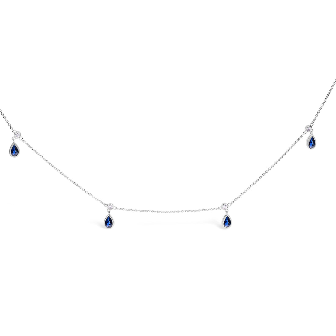 10K White Gold Dangling 5x3 mm Pear Blue Sapphire and Diamond Station Necklace - 18" Inches by Bids.com