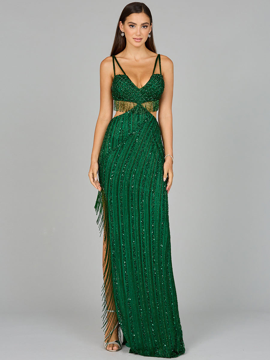 Cutout Beaded Gown with Fringes by Lara New York