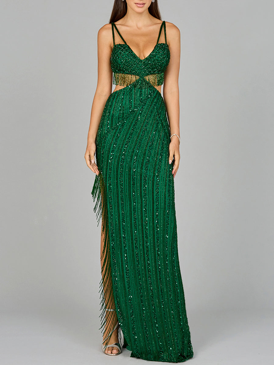 Cutout Beaded Gown with Fringes by Lara New York