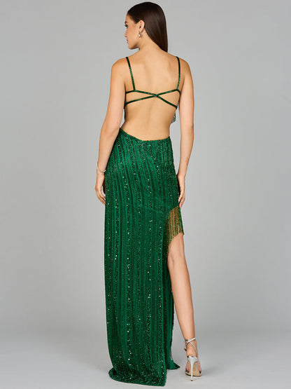 Cutout Beaded Gown with Fringes by Lara New York