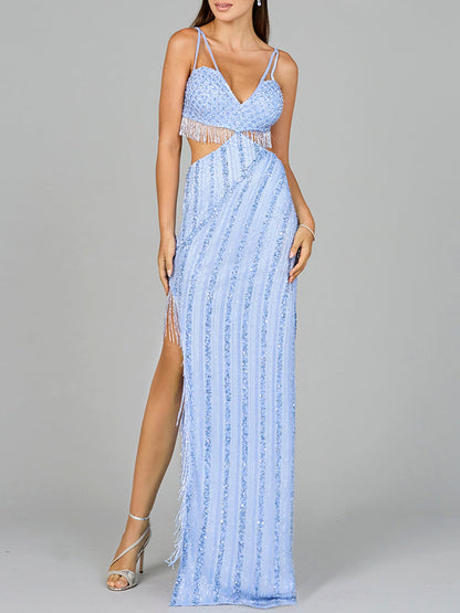 Cutout Beaded Gown with Fringes by Lara New York