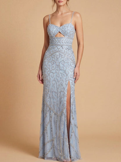 Embellished Gown with Slit And Low Back by Lara New York