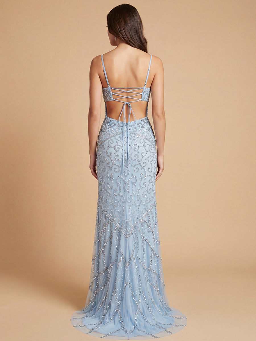 Embellished Gown with Slit And Low Back by Lara New York