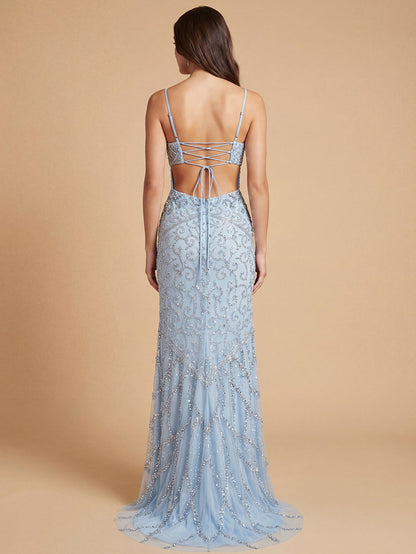 Embellished Gown with Slit And Low Back by Lara New York