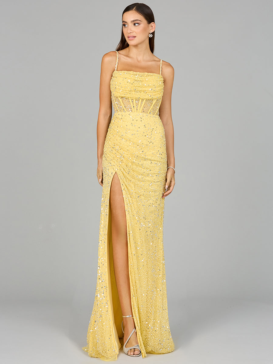 Elegant Corset Gown with Slit by Lara New York
