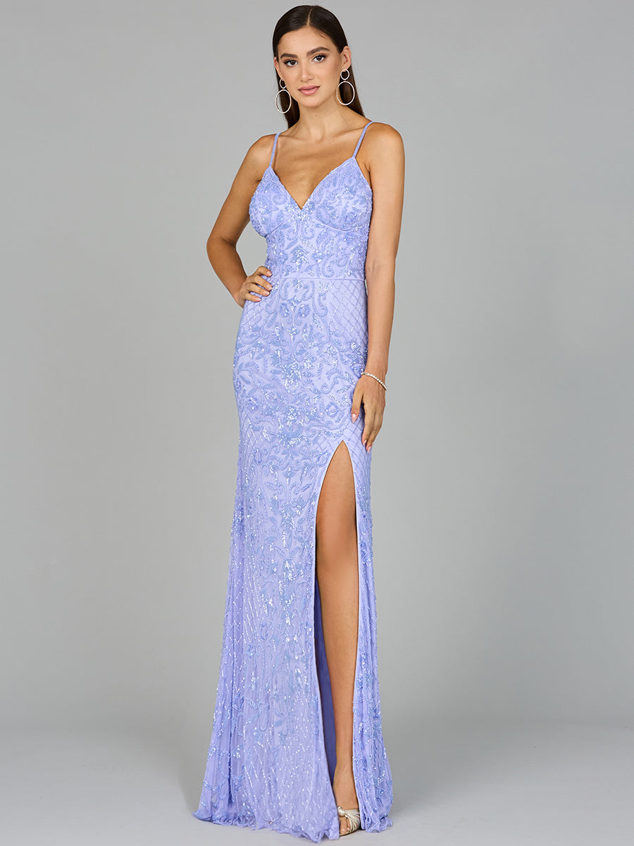 Body Con V-Neck Beaded Gown by Lara New York