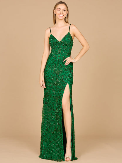 Body Con V-Neck Beaded Gown by Lara New York
