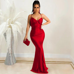 Solid Color Sexy Spaghetti Straps Corset Backless Lace up Tight Maxi Dress 