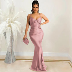 Solid Color Sexy Spaghetti Straps Corset Backless Lace up Tight Maxi Dress 