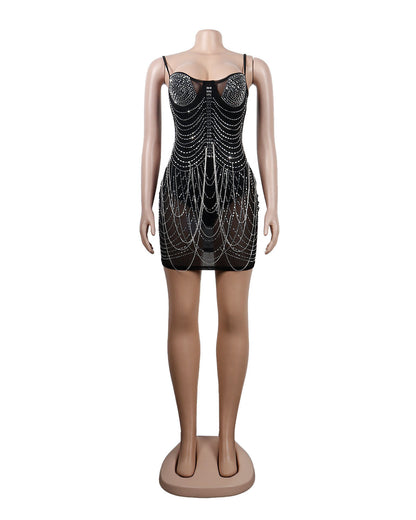 Sexy Slim Fit Rhinestone Tassel Dress by Ragazza