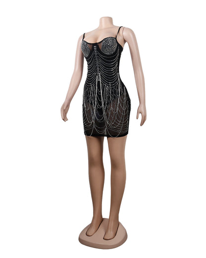 Sexy Slim Fit Rhinestone Tassel Dress by Ragazza