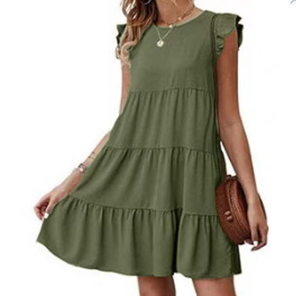 Summer Solid Color round Neck Short Sleeves Dress Casual Tiered Dress Pleated Large Swing Dress by Ragazza