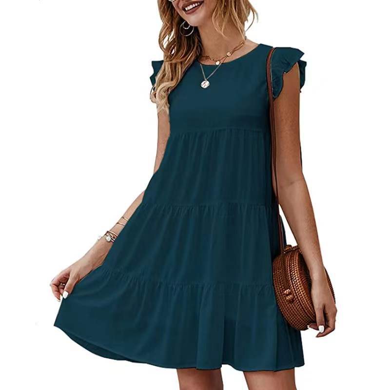 Summer Solid Color round Neck Short Sleeves Dress Casual Tiered Dress Pleated Large Swing Dress by Ragazza