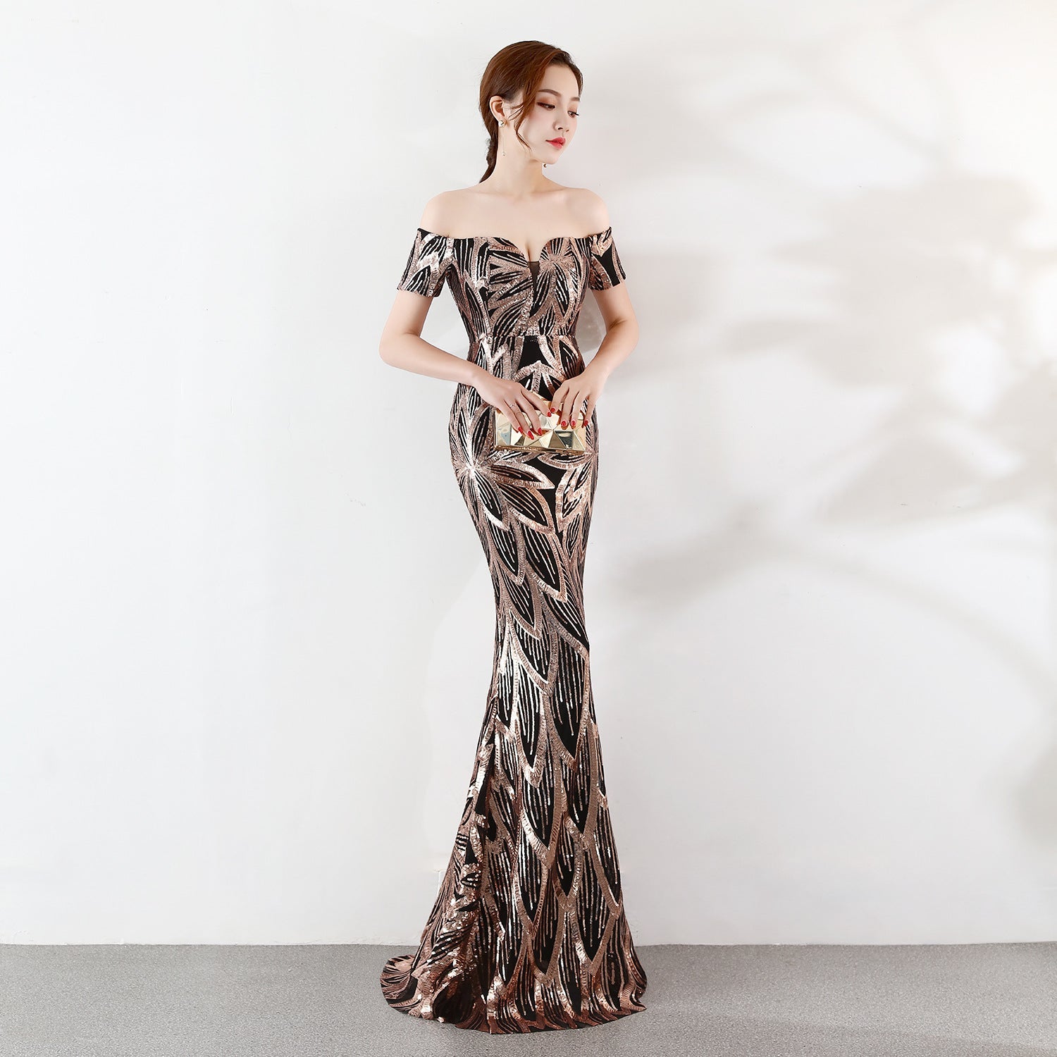 Off the Shoulder Gown Long Fish Tail Sequined Evening Dress Slim Fit Slimming Dress by Ragazza