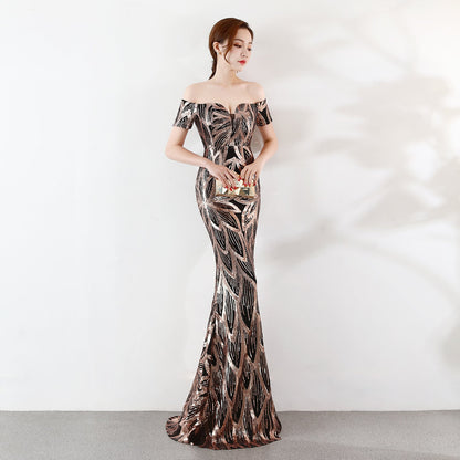Off the Shoulder Gown Long Fish Tail Sequined Evening Dress Slim Fit Slimming Dress by Ragazza