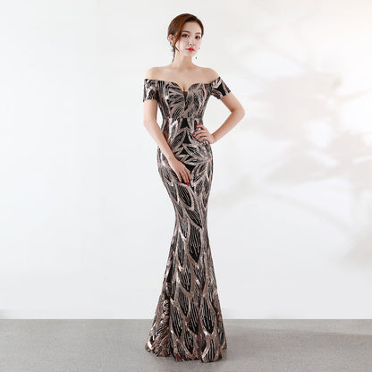 Off the Shoulder Gown Long Fish Tail Sequined Evening Dress Slim Fit Slimming Dress by Ragazza