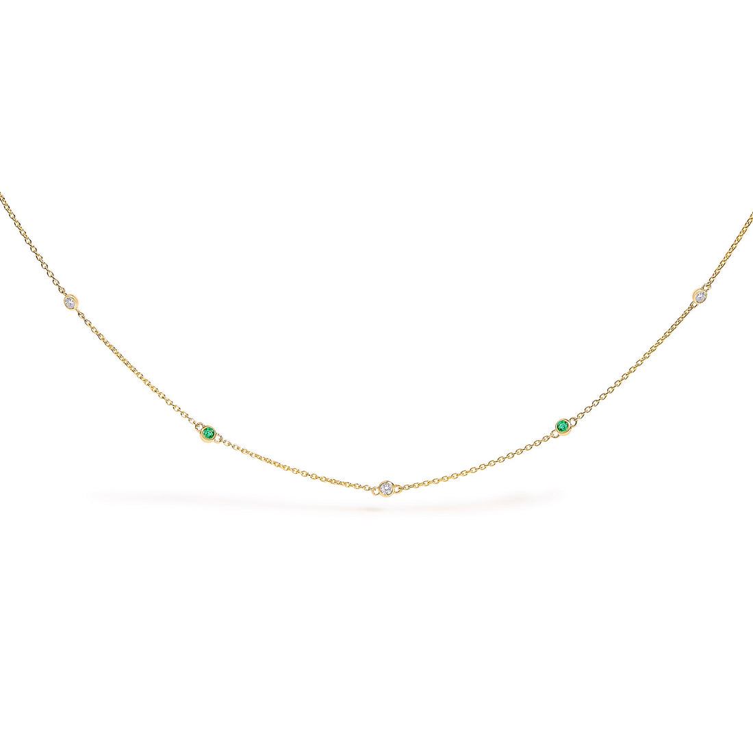 14K Yellow Gold Bezel Set Alternating Green Emerald and Diamond Station Necklace - 18" Inches by Bids.com