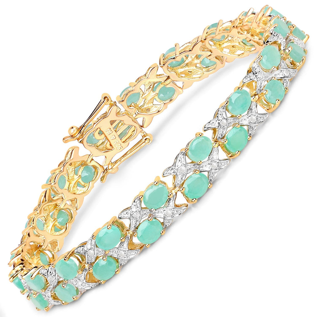 14K Yellow Gold Plated 10.37 Carat Genuine Emerald and White Diamond .925 Sterling Silver Bracelet  DestGlow