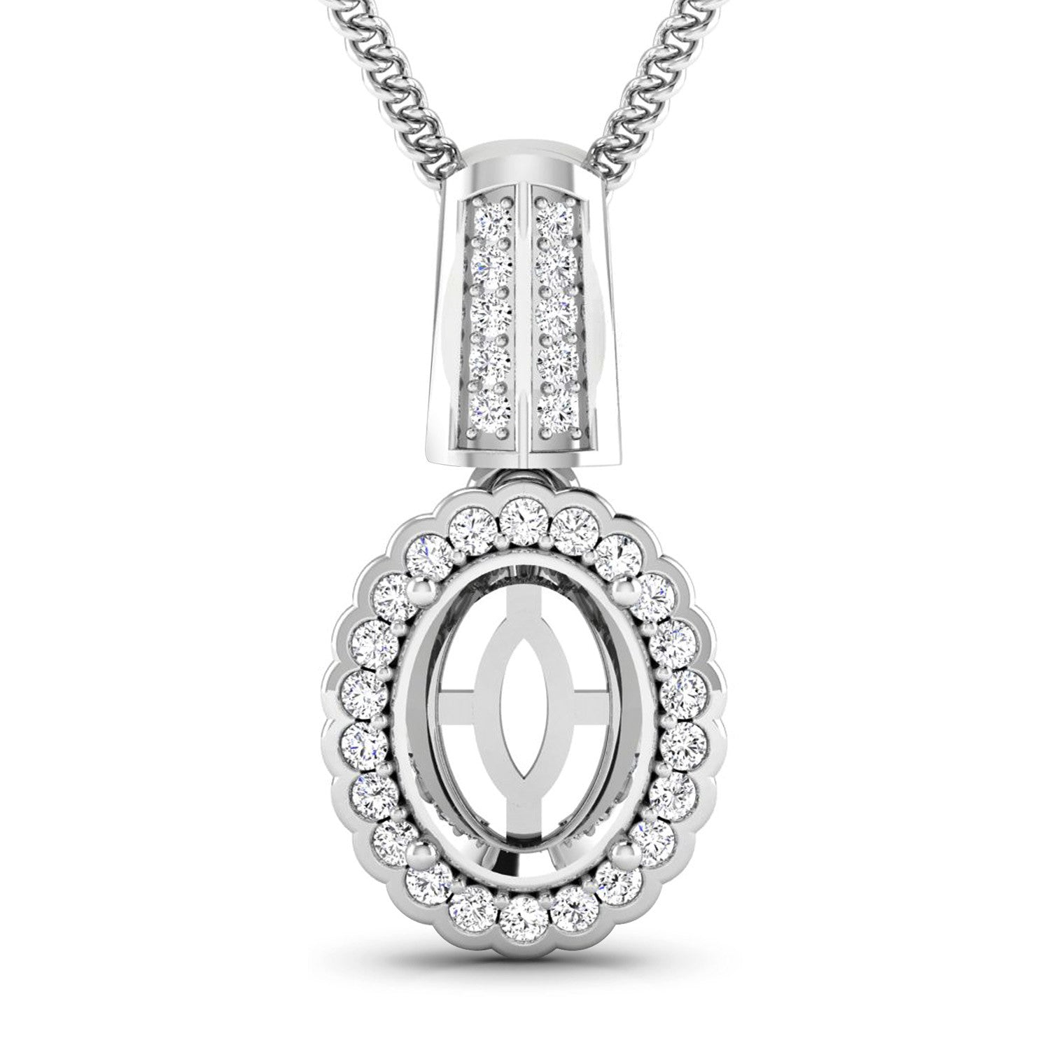 0.22 Carat Genuine White Diamond 14K White Gold Semi Mount Pendant - holds 9x7mm Oval Gemstone by Bids.com