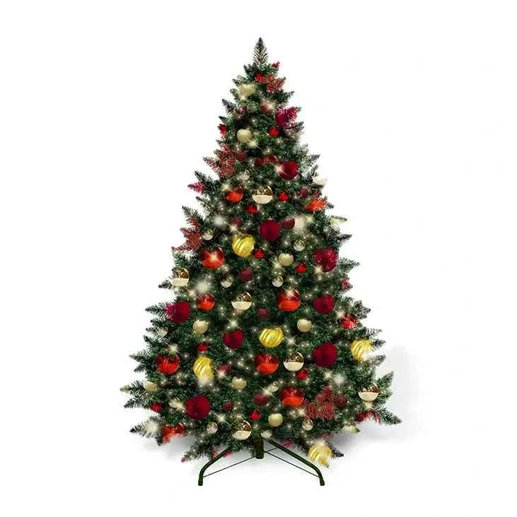 9FT Artificial Christmas Tree PVC Pre-Decorated Red Burgundy Gold Ornaments with Warm White Lights