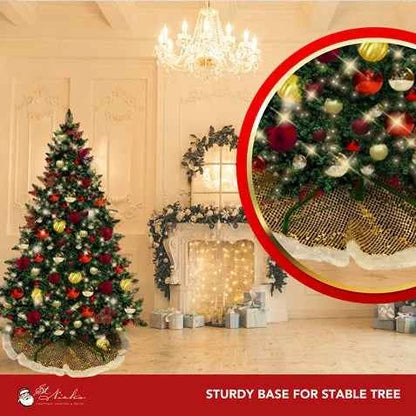 9FT Artificial Christmas Tree PVC Pre-Decorated Red Burgundy Gold Ornaments with Warm White Lights
