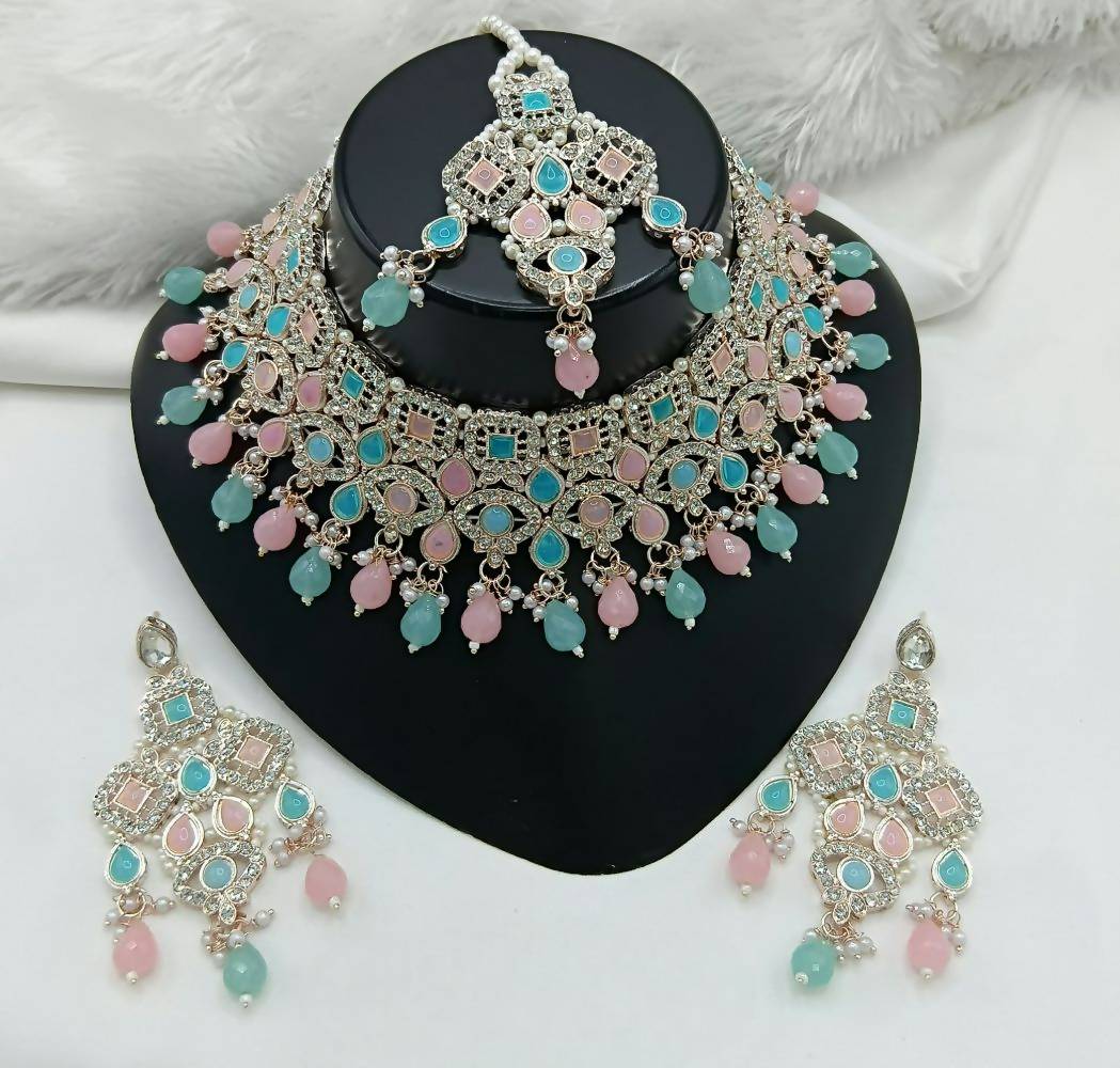 Joban Fashion Pink-Blue Color Stone Work Necklace Set