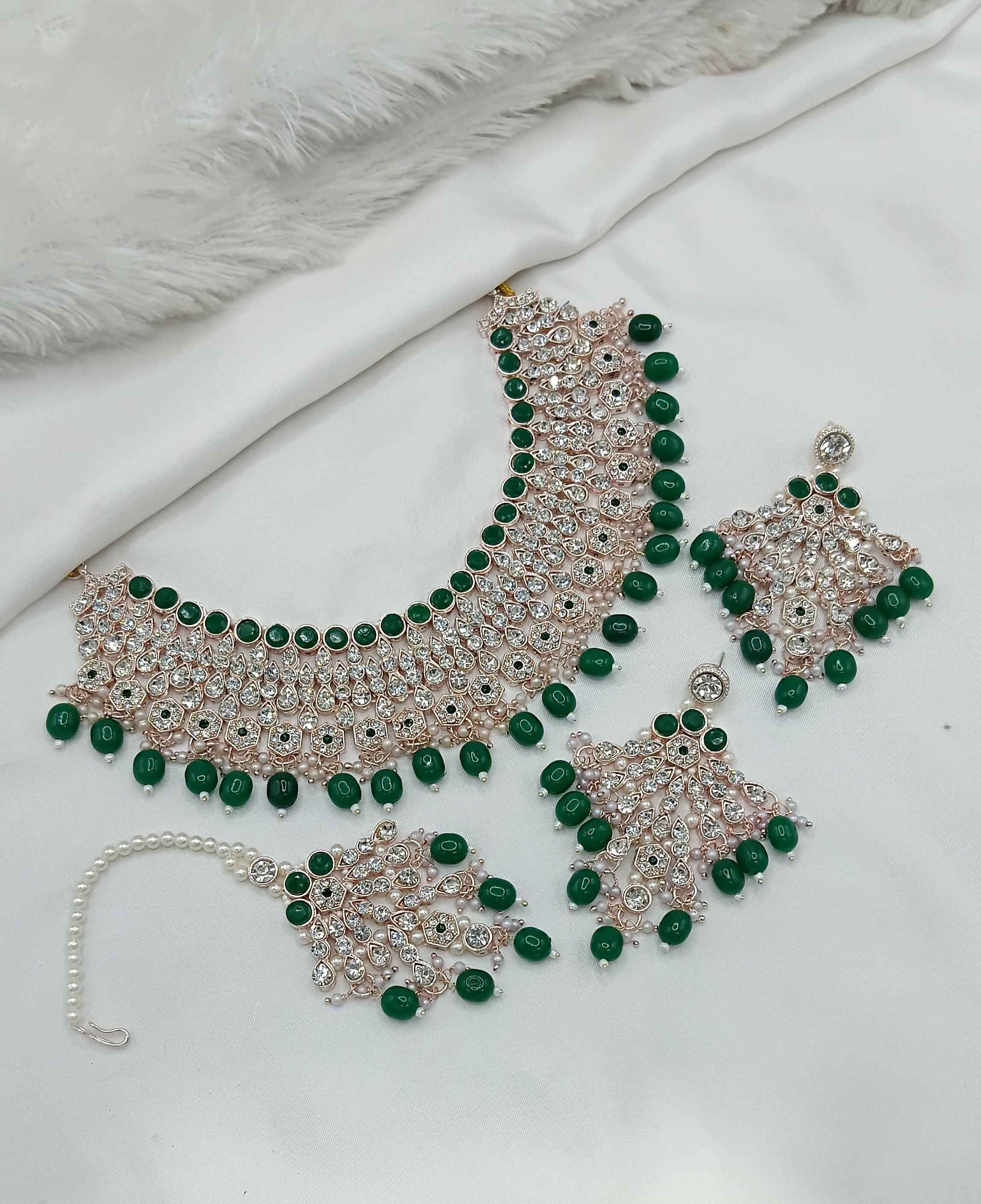 Joban Fashion Green Stone Work Necklace Set