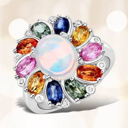 3.92 Carat Genuine Ethiopian Opal, Multi Sapphire and White Diamond .925 Sterling Silver Ring by Bids.com