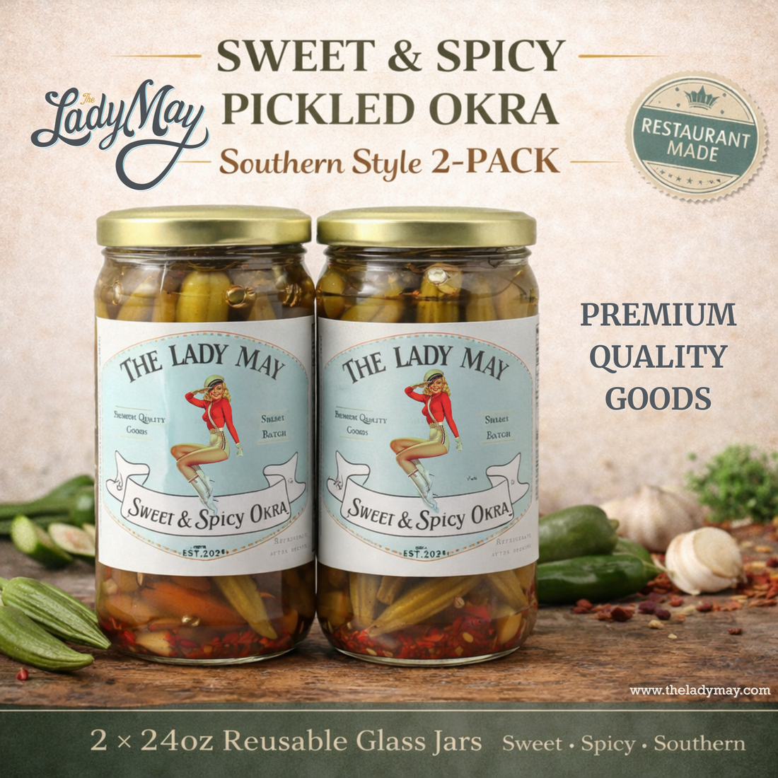 Lady May Sweet &amp; Spicy Pickled Okra – 2 Pack (24oz Jars) – Southern Style Whole Fresh Okra Pods – Small Batch Restaurant Made – Sweet Heat with Jalapeño &amp; Garlic by The Lady May