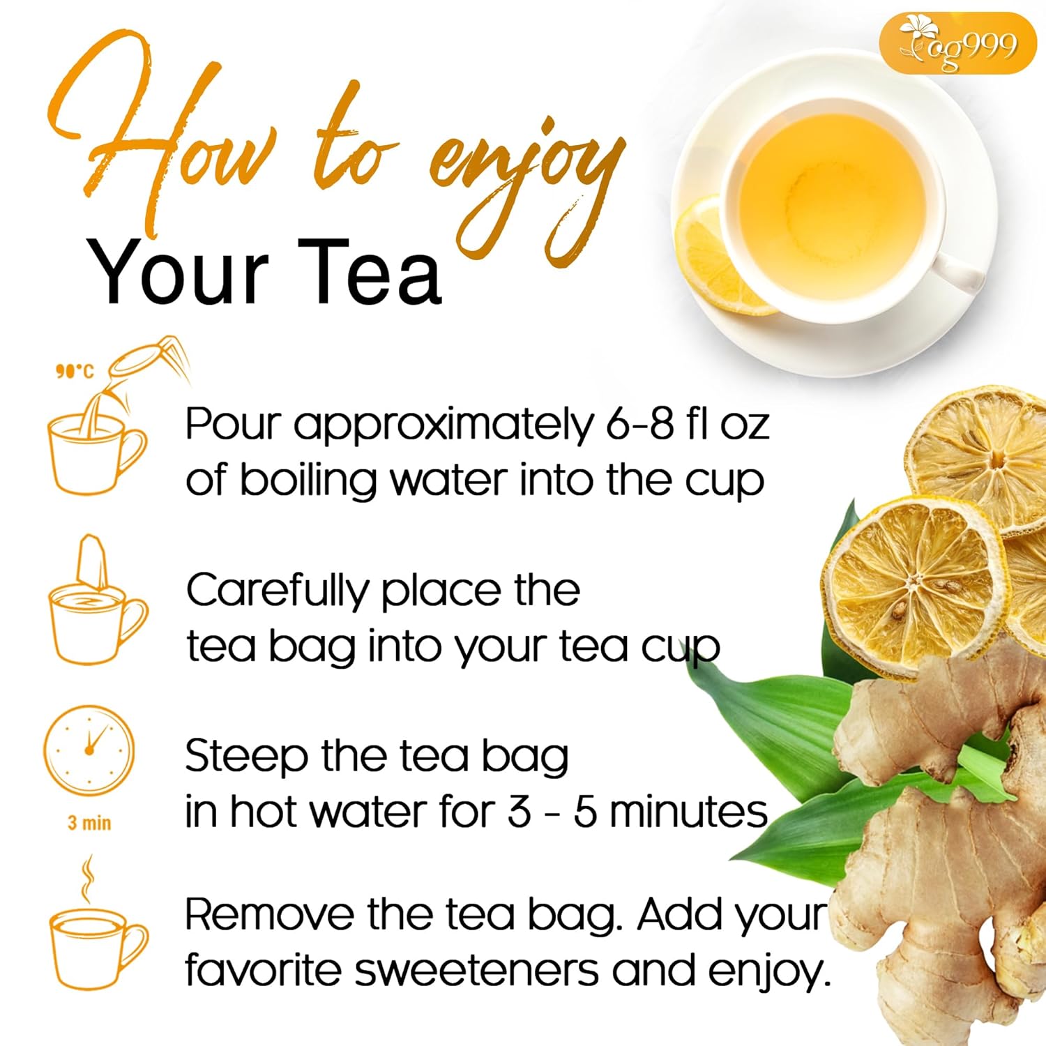Premium Lemon, Ginger Herbal Blend Tea Bag | Improve Digestion, Support Brain, Weight, Skin and Sleep, Eco-Conscious Tea Bags by FreshDrinkUS - Natural and Premium Herbal Tea