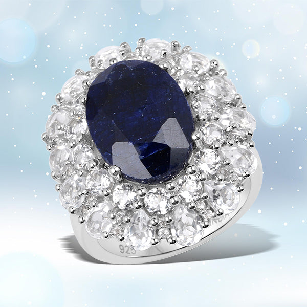 10.64 Carat Dyed Sapphire and White Topaz .925 Sterling Silver Ring  DestGlow