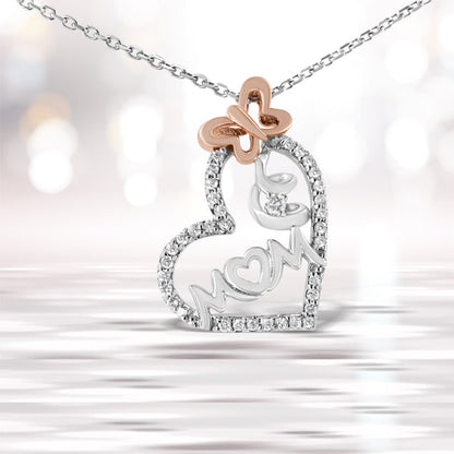 Two Tone .925 Sterling Silver 1/5 cttw Diamond "Mom" and Heart Pendant Necklace (H-I, I1-I2) by Bids.com