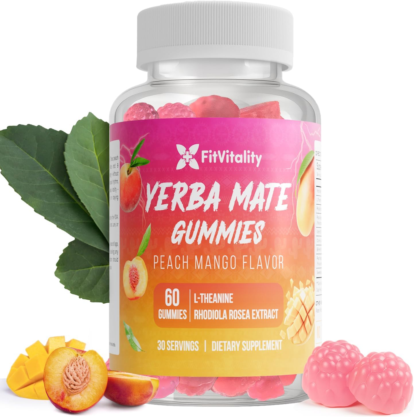 Yerba Mate Gummies – Super Focus &amp; Energy Support – Formulated with Yerba Mate Extract, L-Theanine, Rhodiola, Ginseng, Choline, B12 – Peach Mango Flavor by FreshDrinkUS - Natural and Premium Herbal Tea