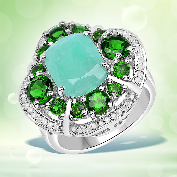 5.49 Carat Genuine Emerald, Chrome Diopside and White Diamond .925 Sterling Silver Ring by Bids.com