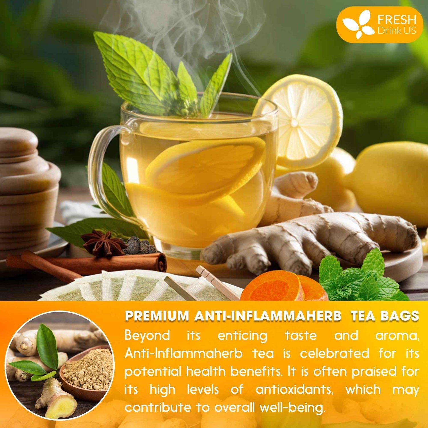 Anti-Inflammaheb Loose Leaf Tea, 100% Natural from Ginger, Turmeric, Peppermint, Black Pepper, Cinnamon