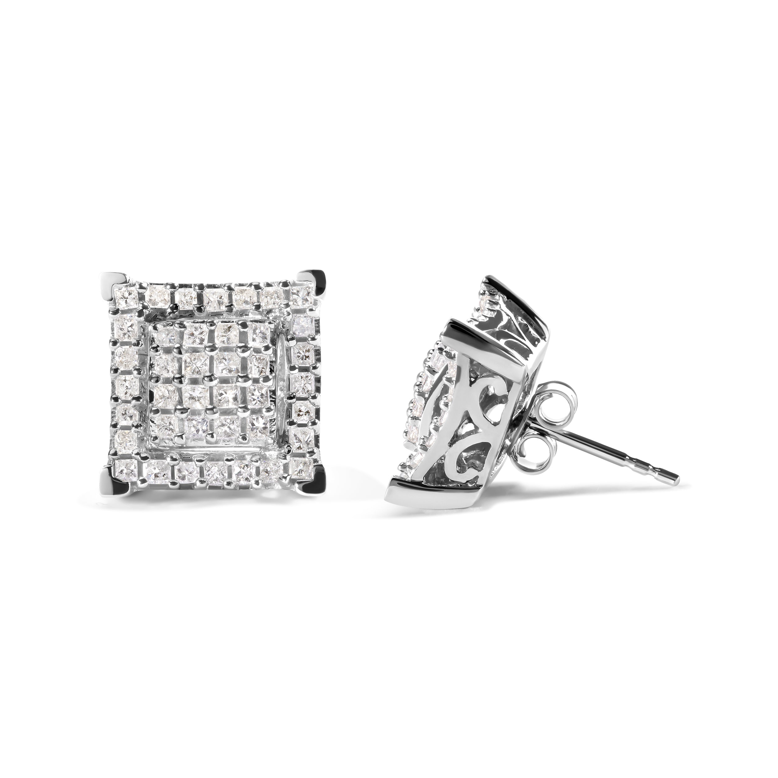 10K White Gold 1 1/4 Cttw Princess Diamond Composite Double Square and Halo Stud Earrings (I-J Color, I1-I2 Clarity) by Bids.com