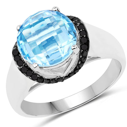4.94 Carat Genuine Baby Swiss Blue Topaz and Black Diamond .925 Sterling Silver Ring by Bids.com